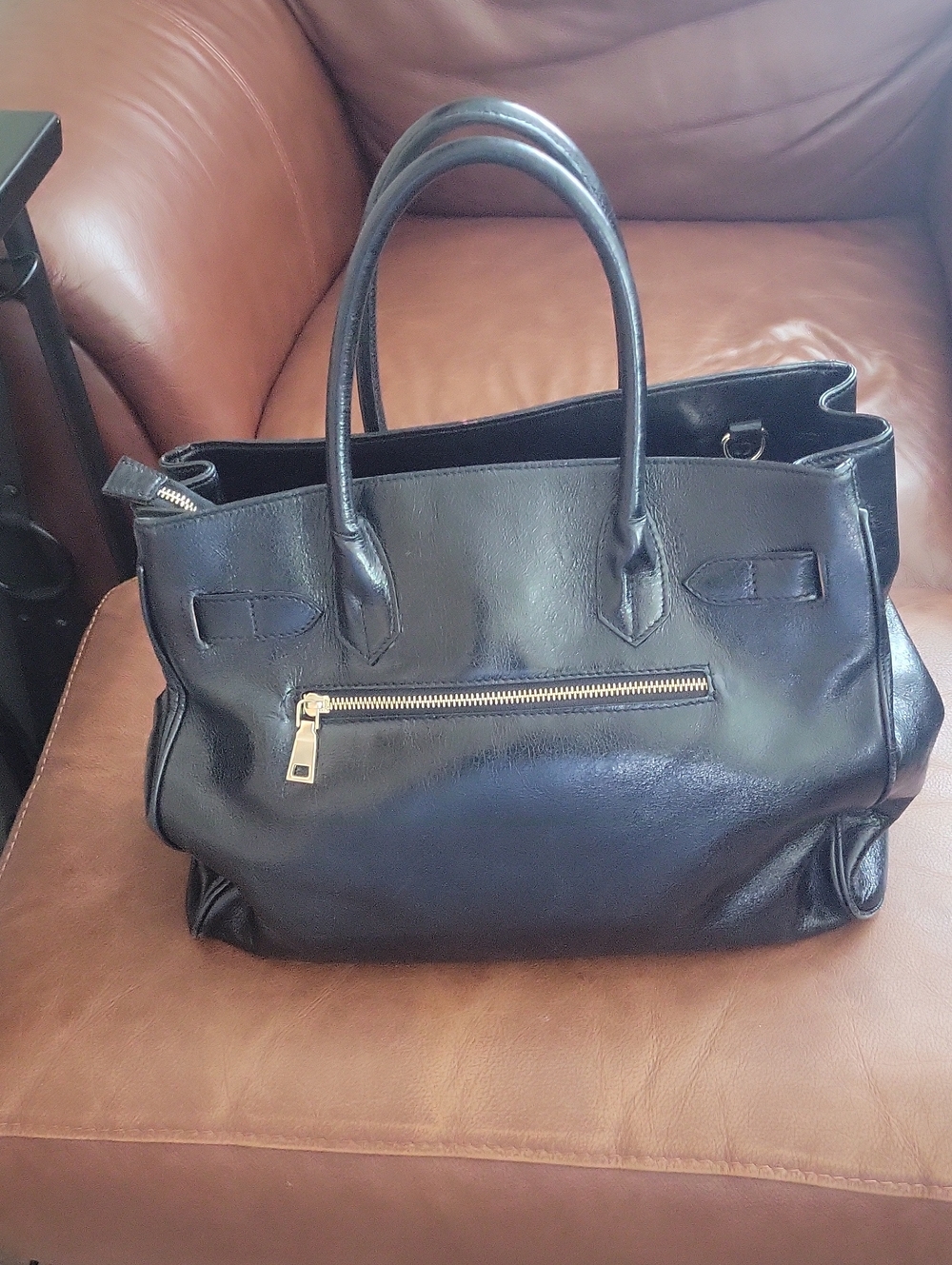 Black Leather Top-Handle Tote Bag with Gold Hardware - Picture 2 of 7